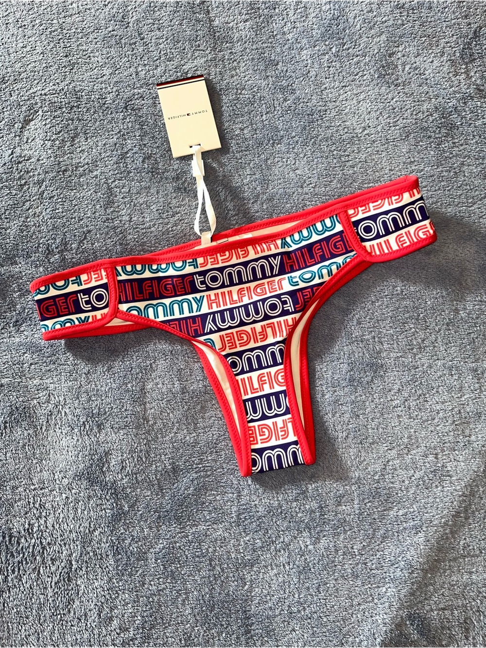 Tommy Hilfiger White Bikini Bottom with Red Trim and Blue Logo Print